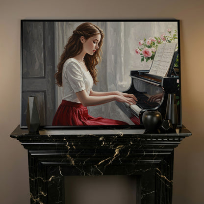 Young Woman at the Piano, Roses Canvas Wall Art in black floating frame