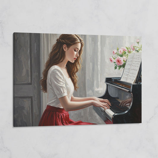 Young Woman at the Piano, Roses Canvas Wall Art on gallery wrap