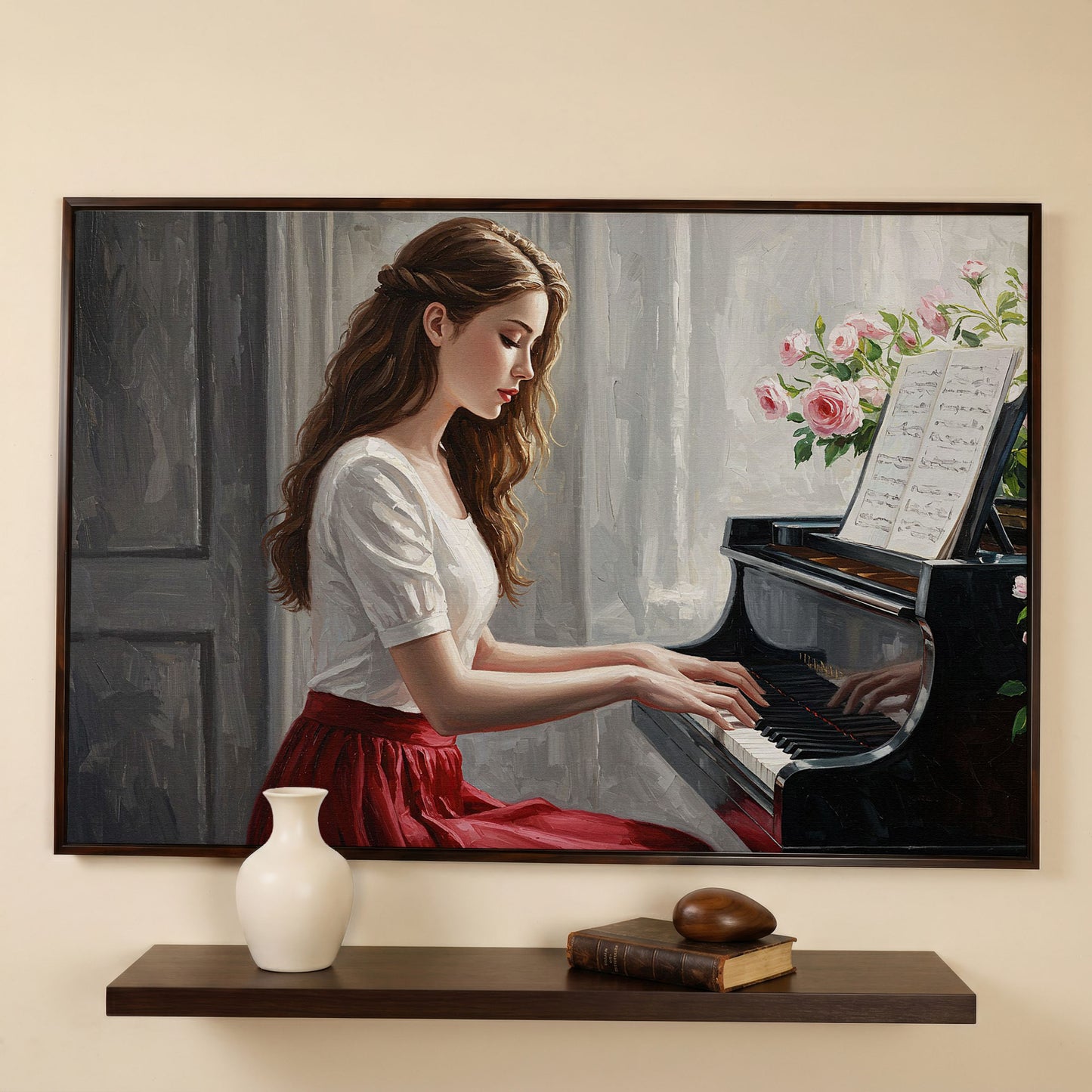 Young Woman at the Piano, Roses Canvas Wall Art in dark walnut floating frame