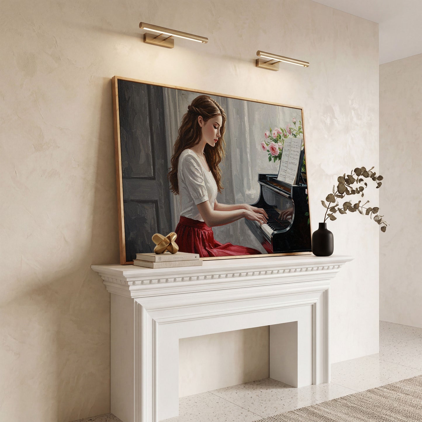 Young Woman at the Piano, Roses Canvas Wall Art in white oak floating frame