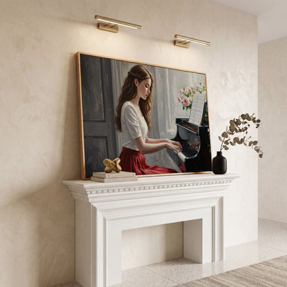 Young Woman at the Piano, Roses Canvas Wall Art in white oak floating frame