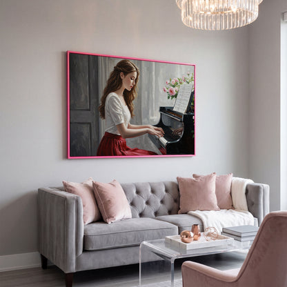Young Woman at the Piano, Roses Canvas Wall Art in pink floating frame
