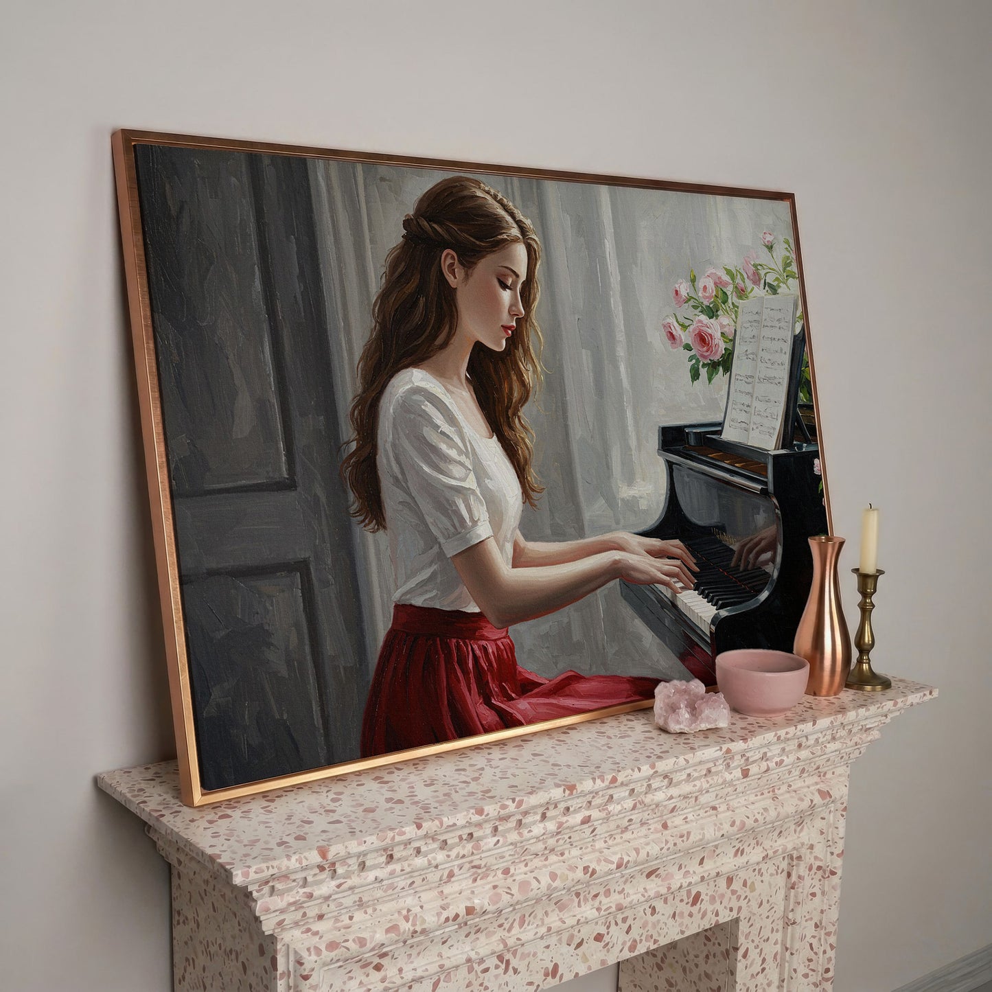 Young Woman at the Piano, Roses Canvas Wall Art in rose gold floating frame
