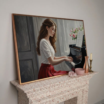 Young Woman at the Piano, Roses Canvas Wall Art in rose gold floating frame