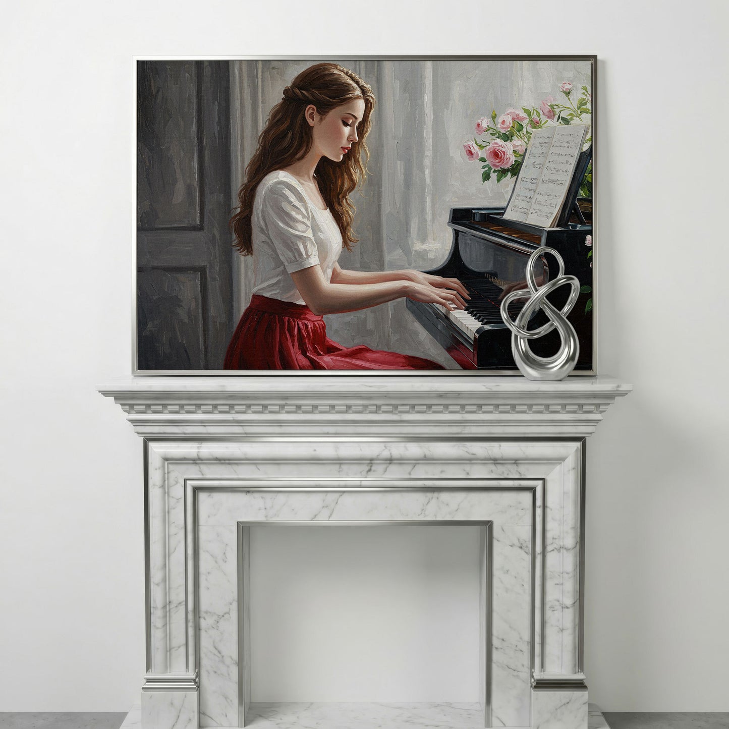 Young Woman at the Piano, Roses Canvas Wall Art in silver floating frame