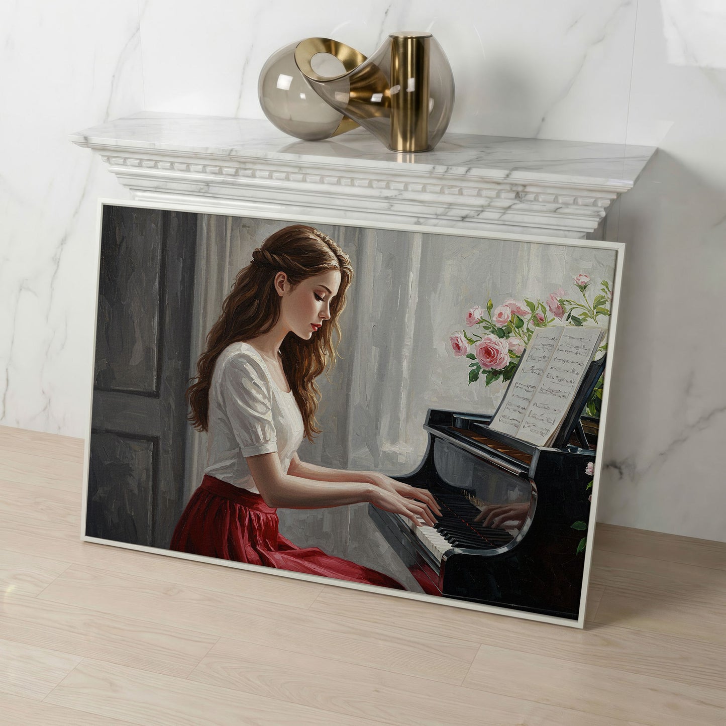 Young Woman at the Piano, Roses Canvas Wall Art in white floating frame