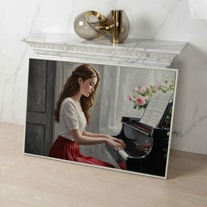 Young Woman at the Piano, Roses Canvas Wall Art in white floating frame