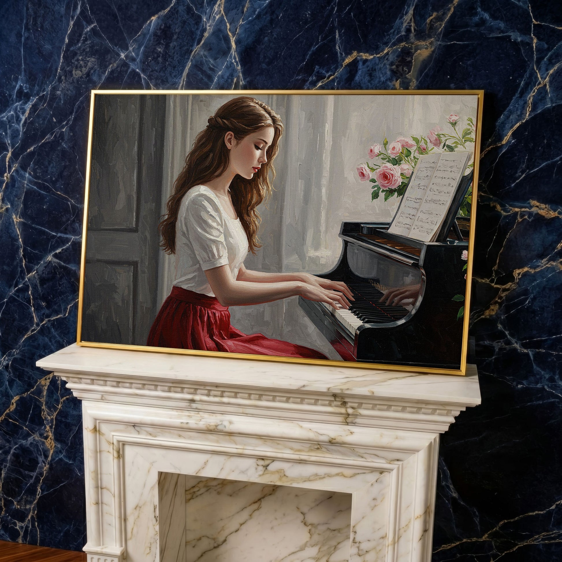 Young Woman at the Piano, Roses Canvas Wall Art in yellow gold floating frame