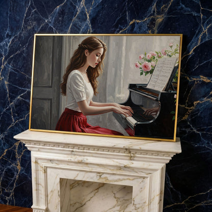 Young Woman at the Piano, Roses Canvas Wall Art in yellow gold floating frame