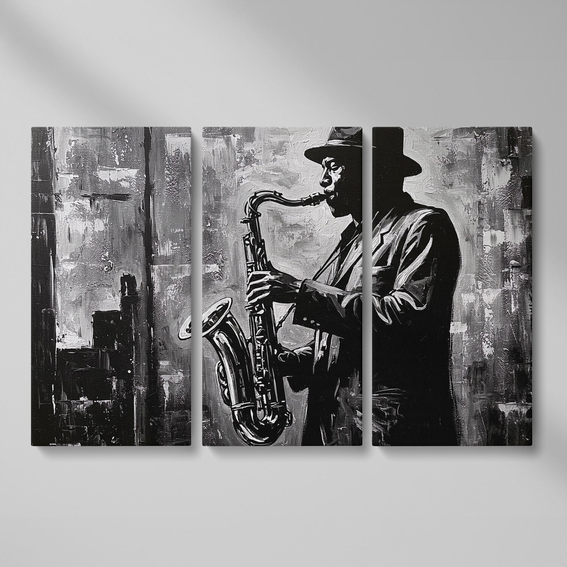 Jazz Saxophonist Silhouette Canvas Wall Art, Music Studio Decor as 3-panel split version