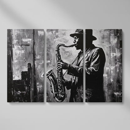 Jazz Saxophonist Silhouette Canvas Wall Art, Music Studio Decor as 3-panel split version