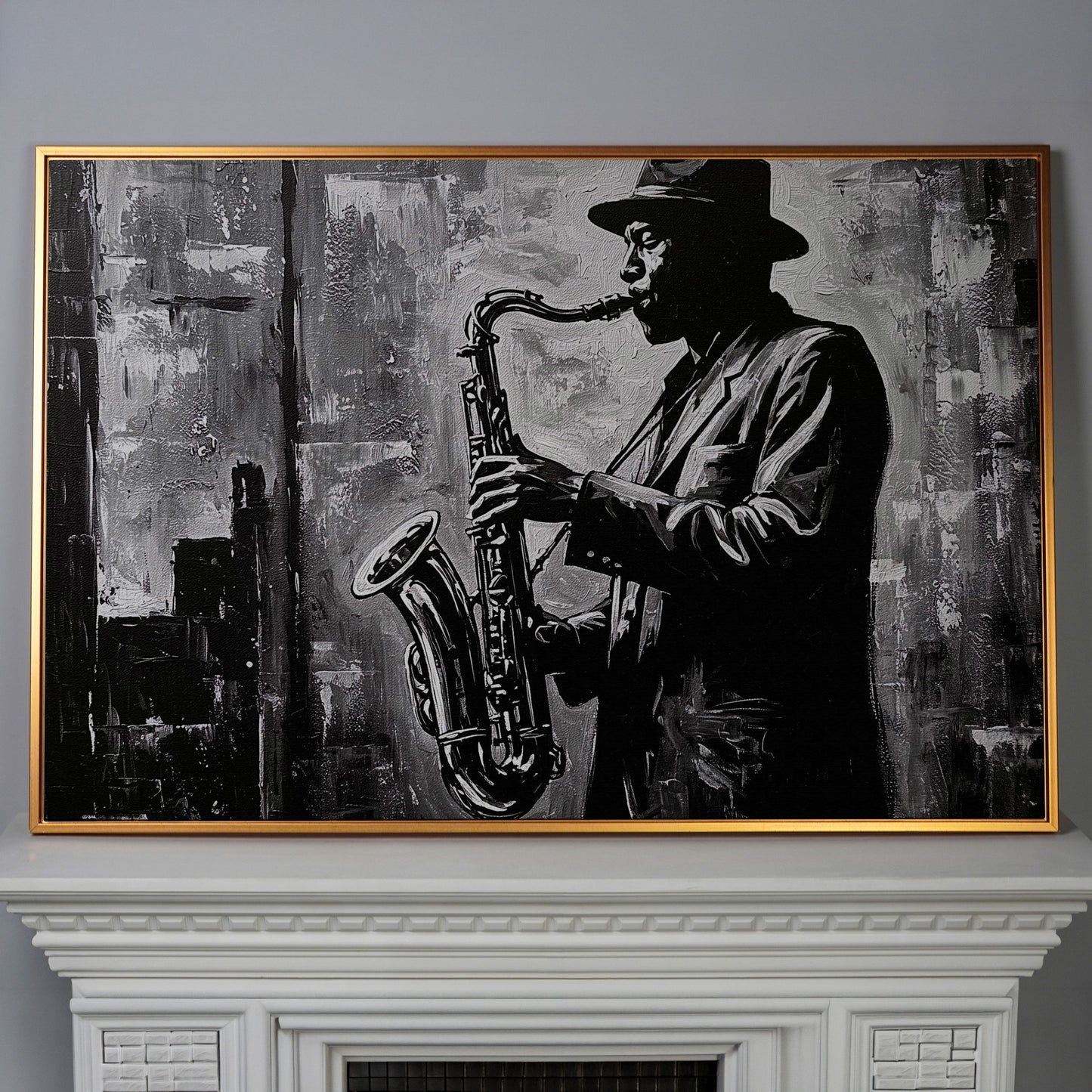 Jazz Saxophonist Silhouette Canvas Wall Art, Music Studio Decor in antique gold floating frame