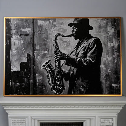 Jazz Saxophonist Silhouette Canvas Wall Art, Music Studio Decor in antique gold floating frame