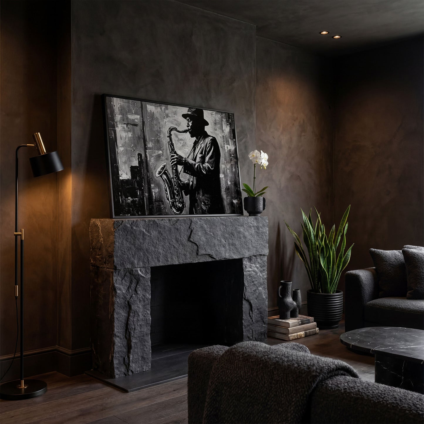 Jazz Saxophonist Silhouette Canvas Wall Art, Music Studio Decor in black floating frame