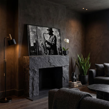 Jazz Saxophonist Silhouette Canvas Wall Art, Music Studio Decor in black floating frame