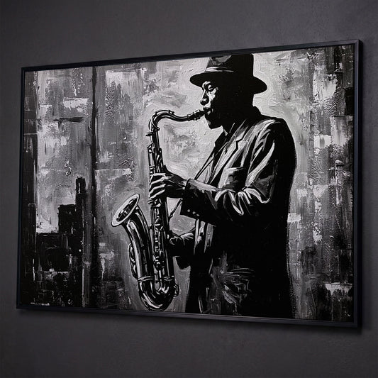 Jazz Saxophonist Silhouette Canvas Wall Art, Music Studio Decor shown in black floating frame