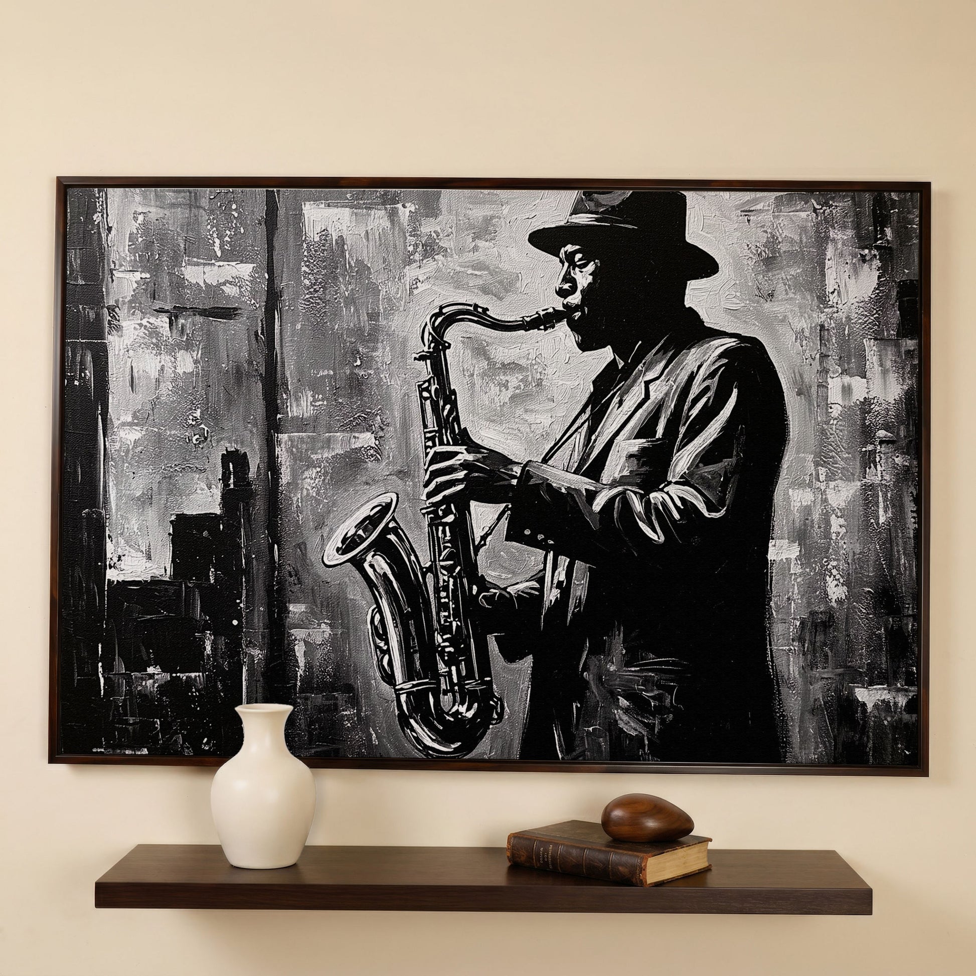 Jazz Saxophonist Silhouette Canvas Wall Art, Music Studio Decor in dark walnut floating frame