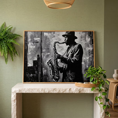 Jazz Saxophonist Silhouette Canvas Wall Art, Music Studio Decor in white oak floating frame