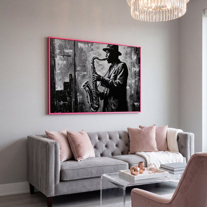 Jazz Saxophonist Silhouette Canvas Wall Art, Music Studio Decor in pink floating frame