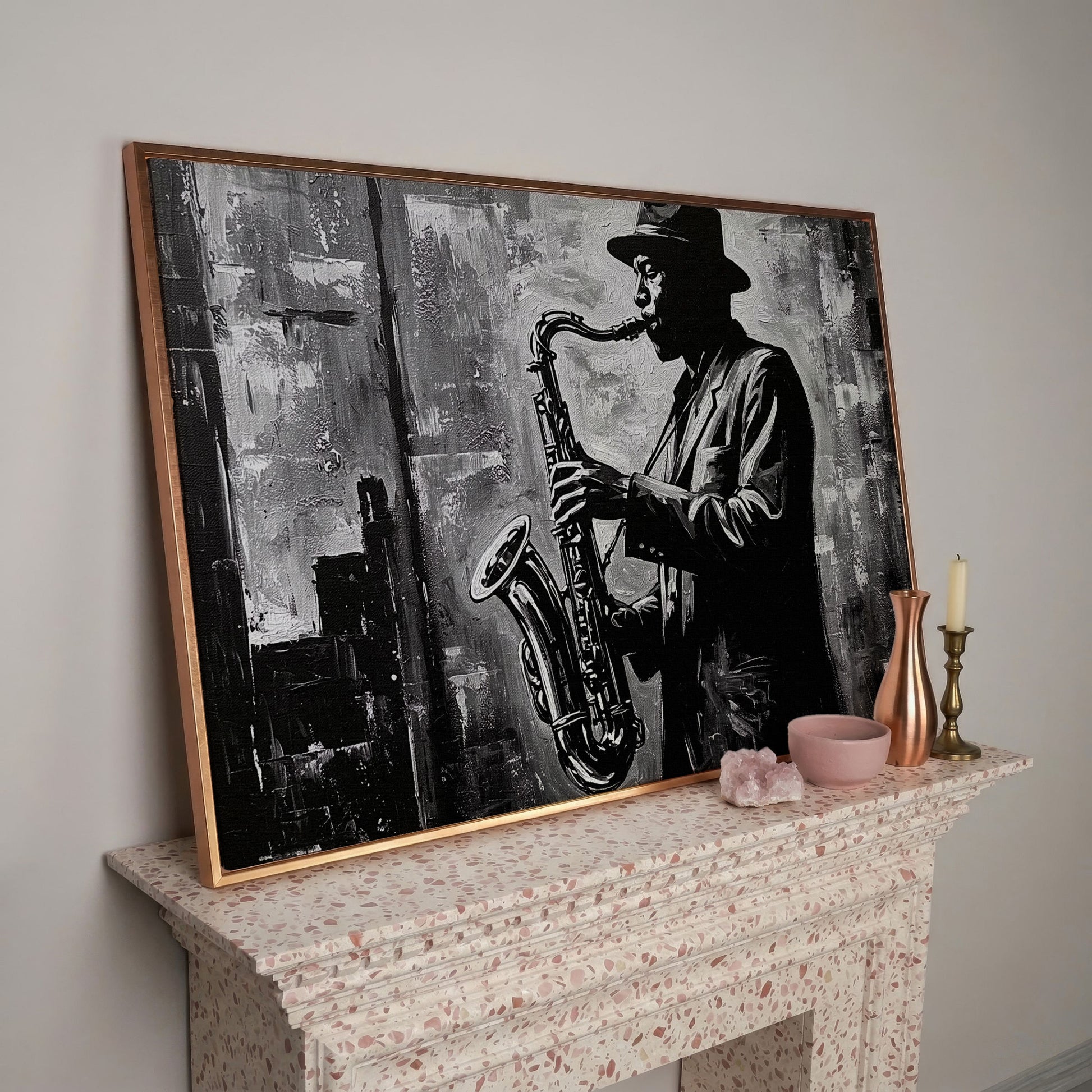 Jazz Saxophonist Silhouette Canvas Wall Art, Music Studio Decor in rose gold floating frame
