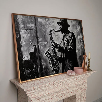 Jazz Saxophonist Silhouette Canvas Wall Art, Music Studio Decor in rose gold floating frame