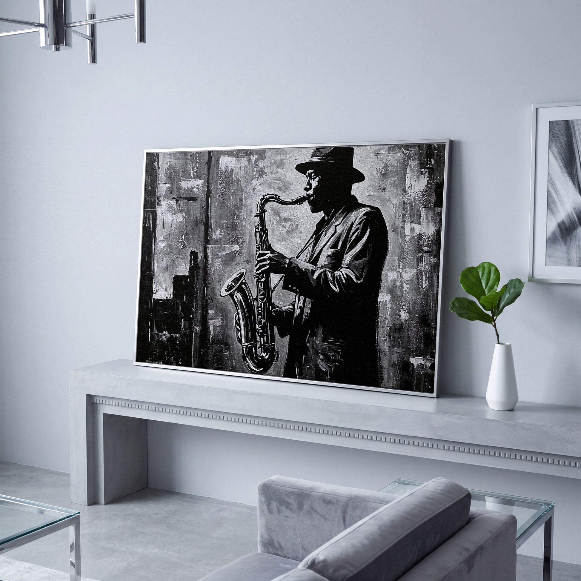 Jazz Saxophonist Silhouette Canvas Wall Art, Music Studio Decor in silver floating frame