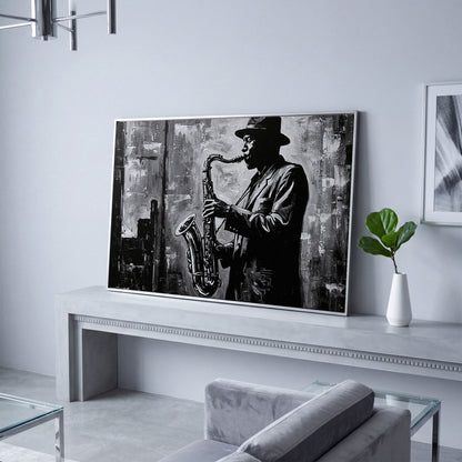 Jazz Saxophonist Silhouette Canvas Wall Art, Music Studio Decor in silver floating frame