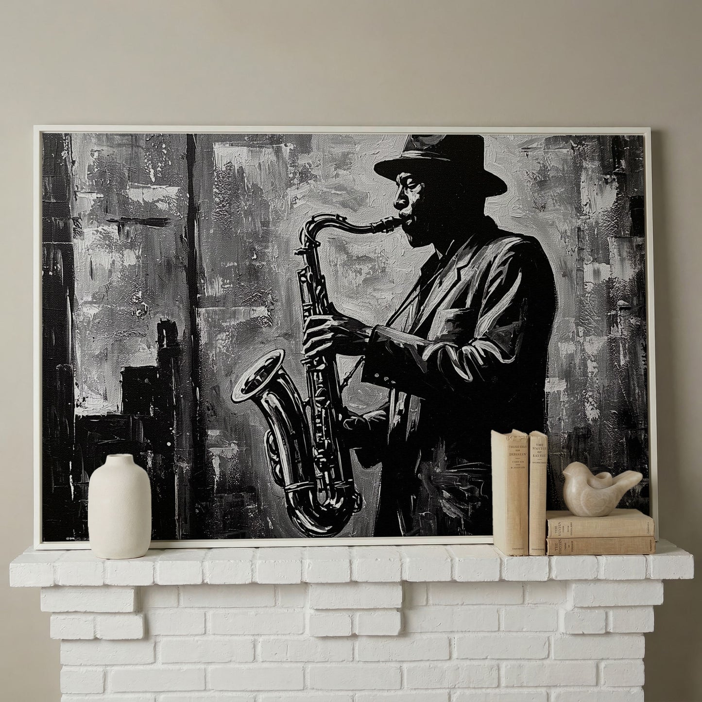Jazz Saxophonist Silhouette Canvas Wall Art, Music Studio Decor in white floating frame