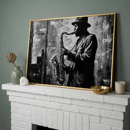 Jazz Saxophonist Silhouette Canvas Wall Art, Music Studio Decor in yellow gold floating frame