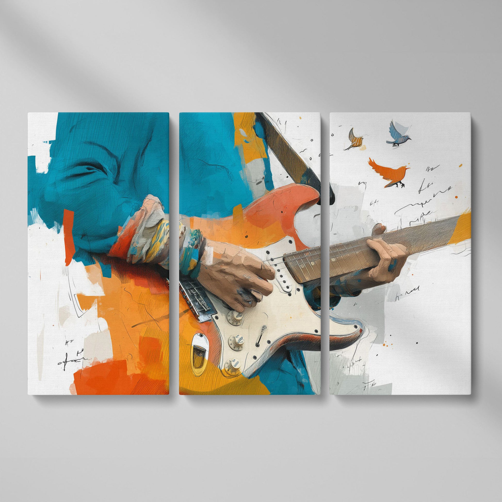 Electric Guitar Player with Birds in Flight. Canvas Wall Art as 3-panel split version
