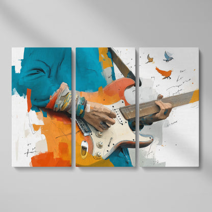 Electric Guitar Player with Birds in Flight. Canvas Wall Art as 3-panel split version