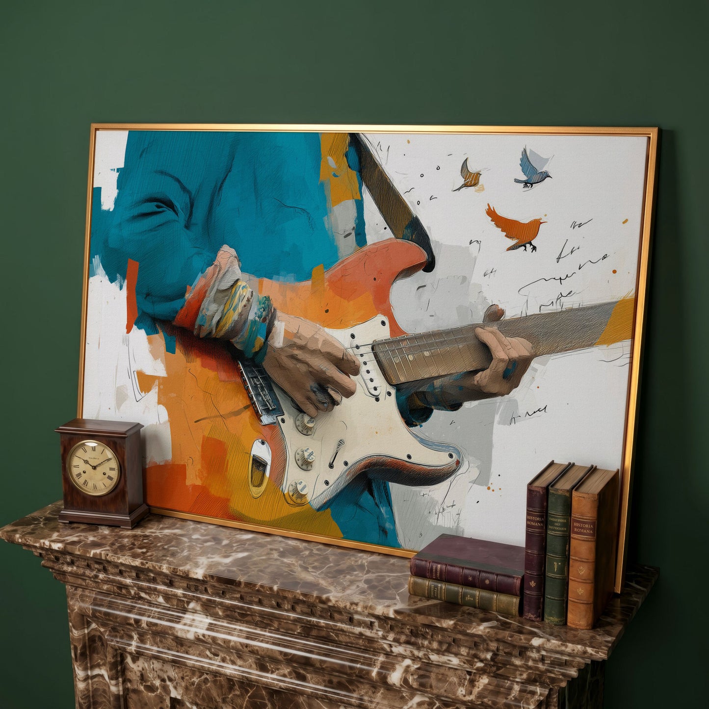 Electric Guitar Player with Birds in Flight. Canvas Wall Art in antique gold floating frame