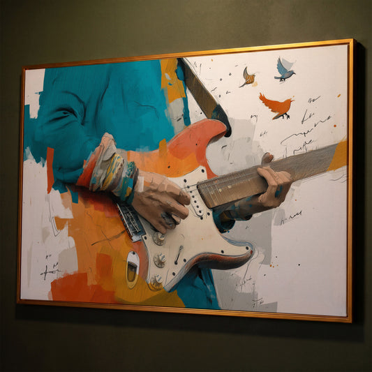Electric Guitar Player with Birds in Flight. Canvas Wall Art shown in antique gold floating frame