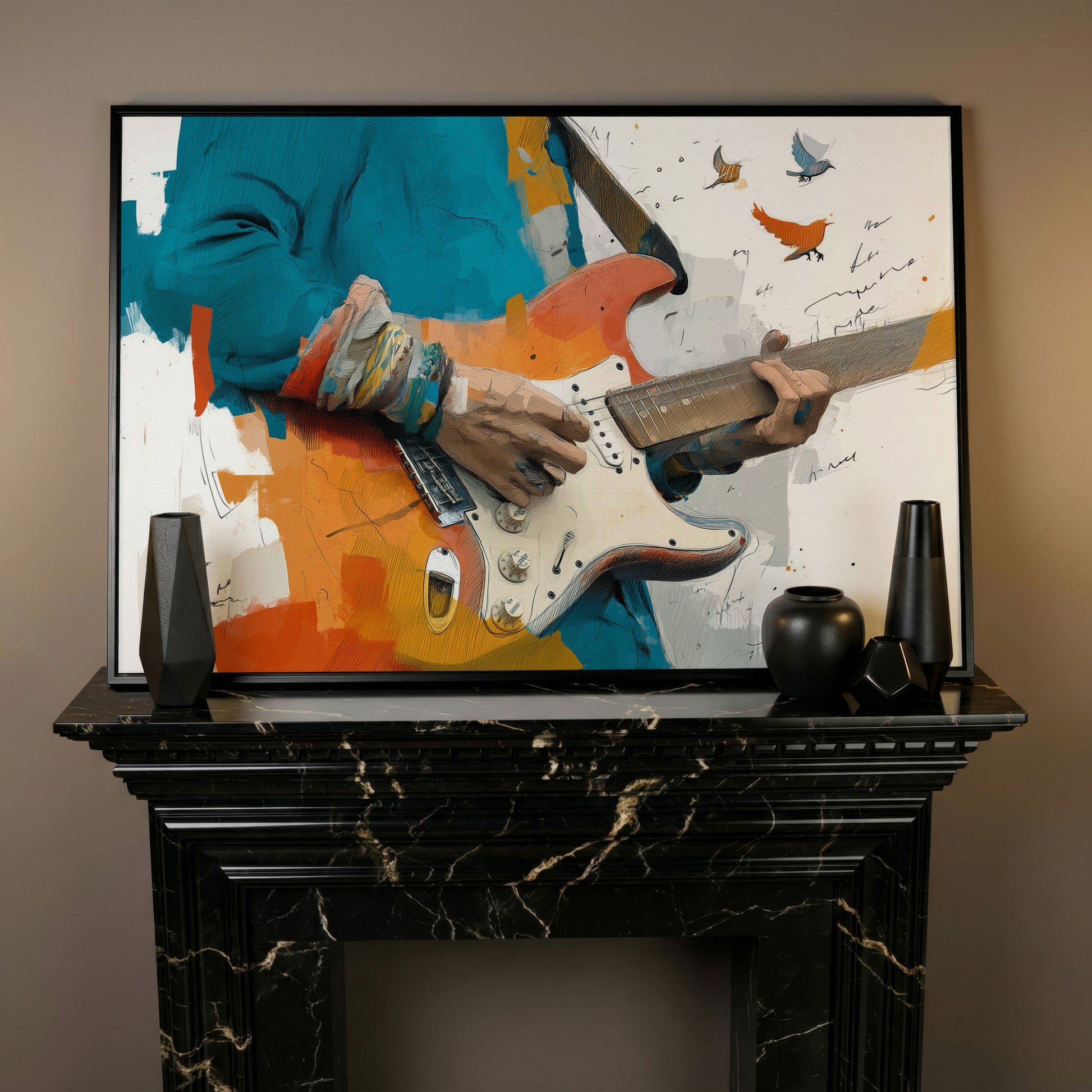 Electric Guitar Player with Birds in Flight. Canvas Wall Art in black floating frame