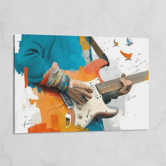 Electric Guitar Player with Birds in Flight. Canvas Wall Art on gallery wrap