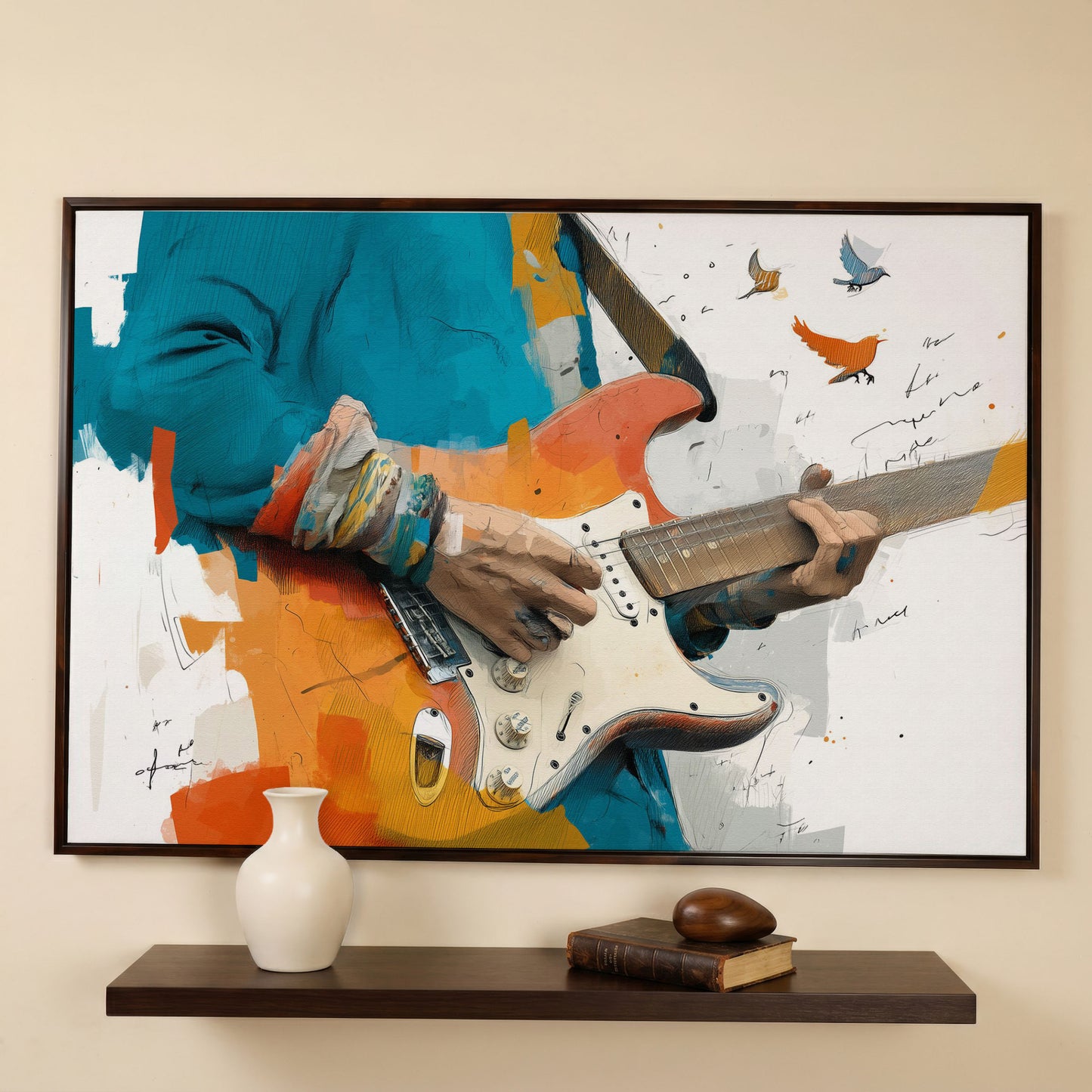 Electric Guitar Player with Birds in Flight. Canvas Wall Art in dark walnut floating frame