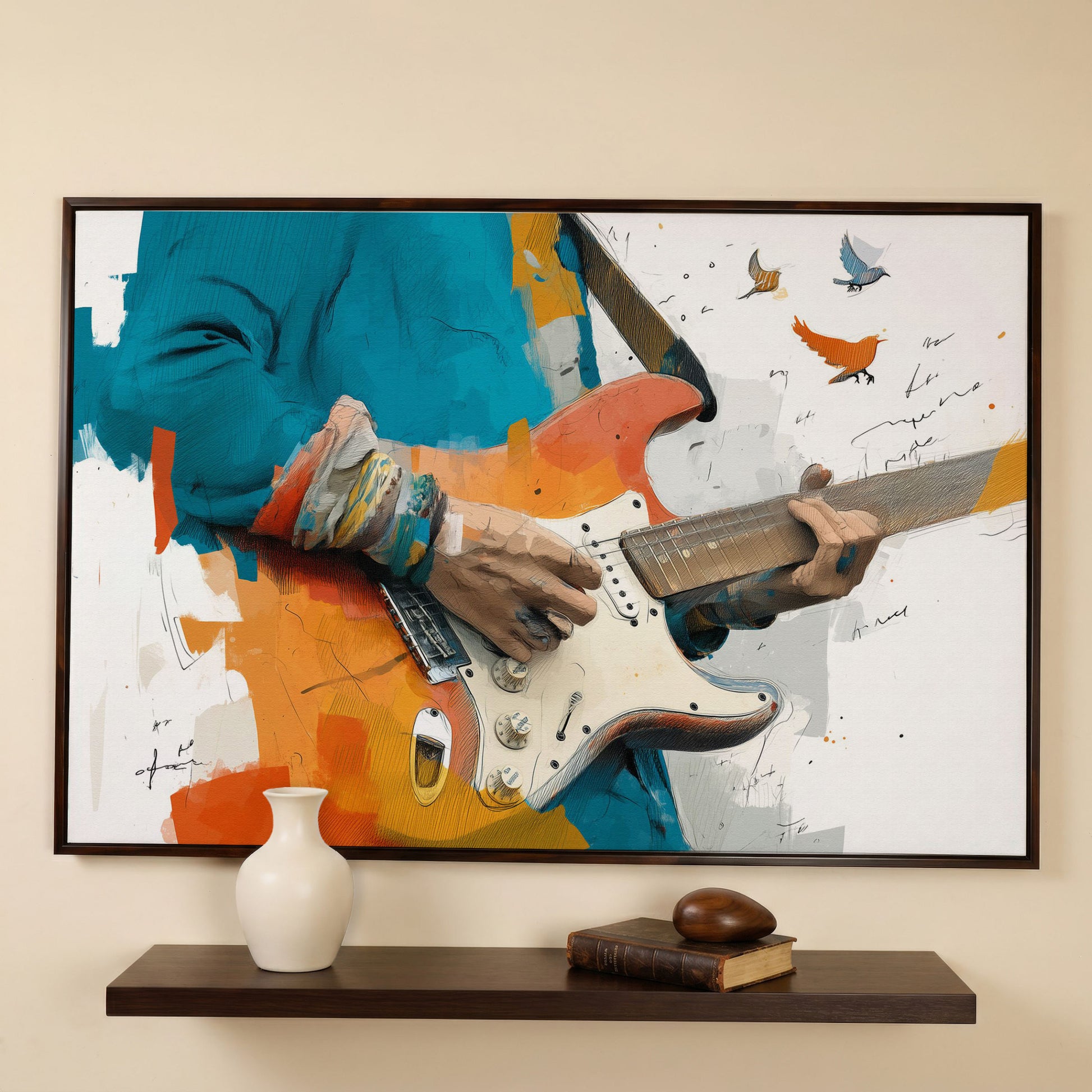 Electric Guitar Player with Birds in Flight. Canvas Wall Art in dark walnut floating frame