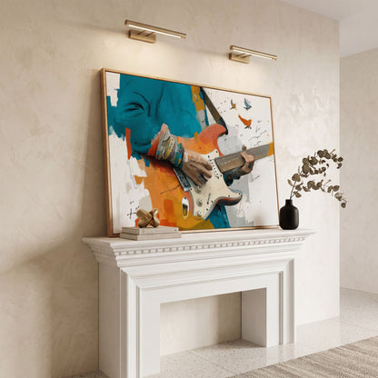 Electric Guitar Player with Birds in Flight. Canvas Wall Art in white oak floating frame