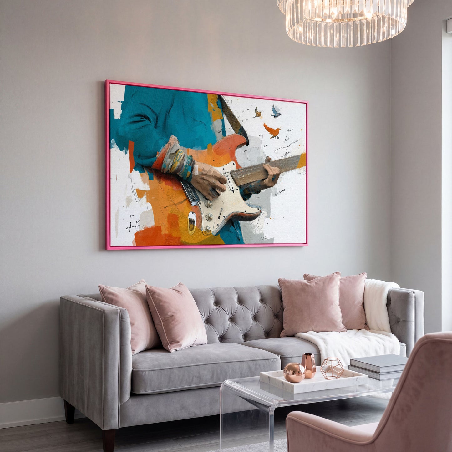 Electric Guitar Player with Birds in Flight. Canvas Wall Art in pink floating frame