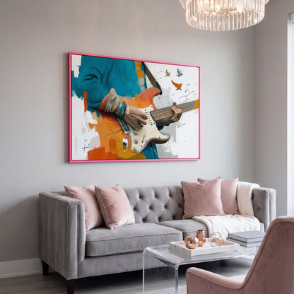 Electric Guitar Player with Birds in Flight. Canvas Wall Art in pink floating frame