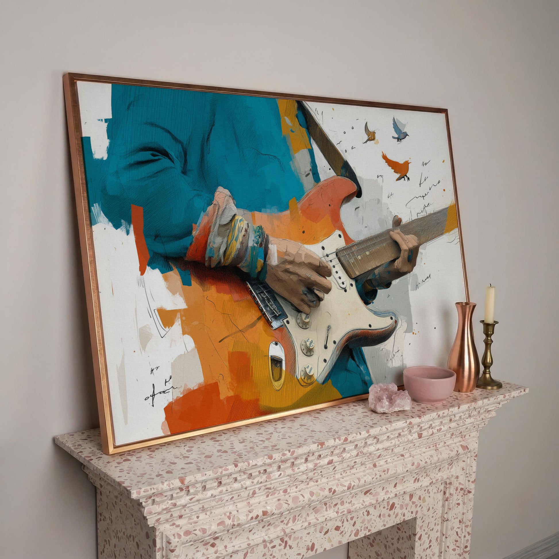Electric Guitar Player with Birds in Flight. Canvas Wall Art in rose gold floating frame