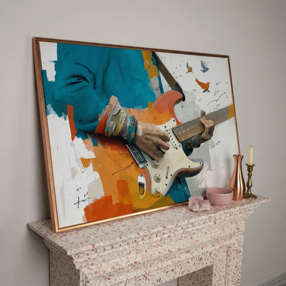 Electric Guitar Player with Birds in Flight. Canvas Wall Art in rose gold floating frame