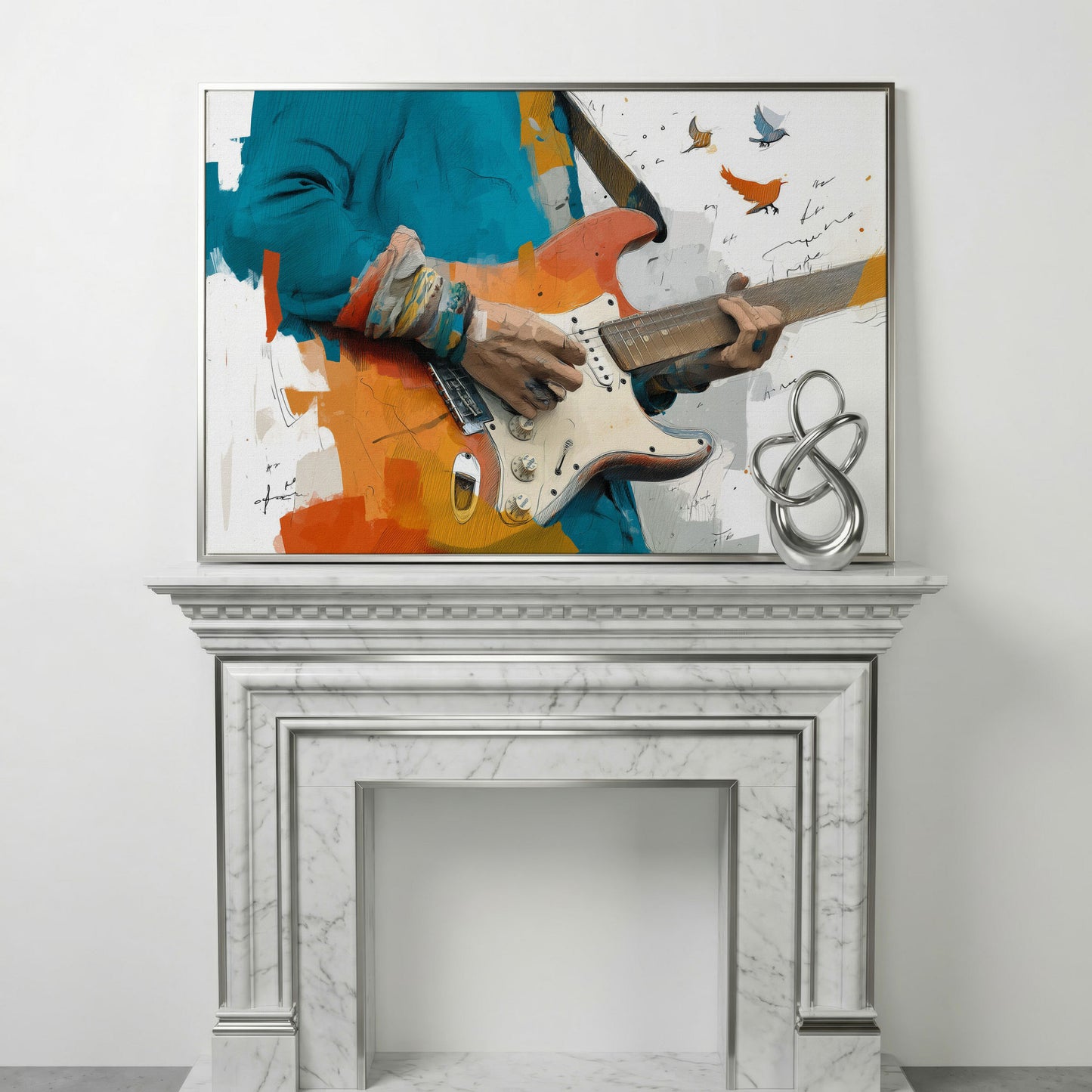 Electric Guitar Player with Birds in Flight. Canvas Wall Art in silver floating frame