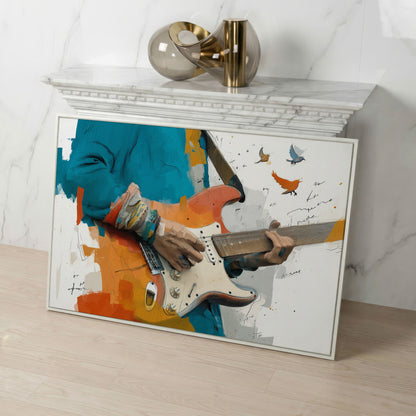 Electric Guitar Player with Birds in Flight. Canvas Wall Art in white floating frame