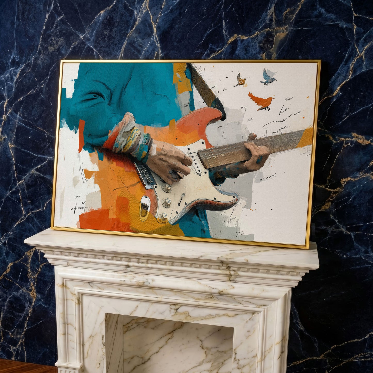 Electric Guitar Player with Birds in Flight. Canvas Wall Art in yellow gold floating frame