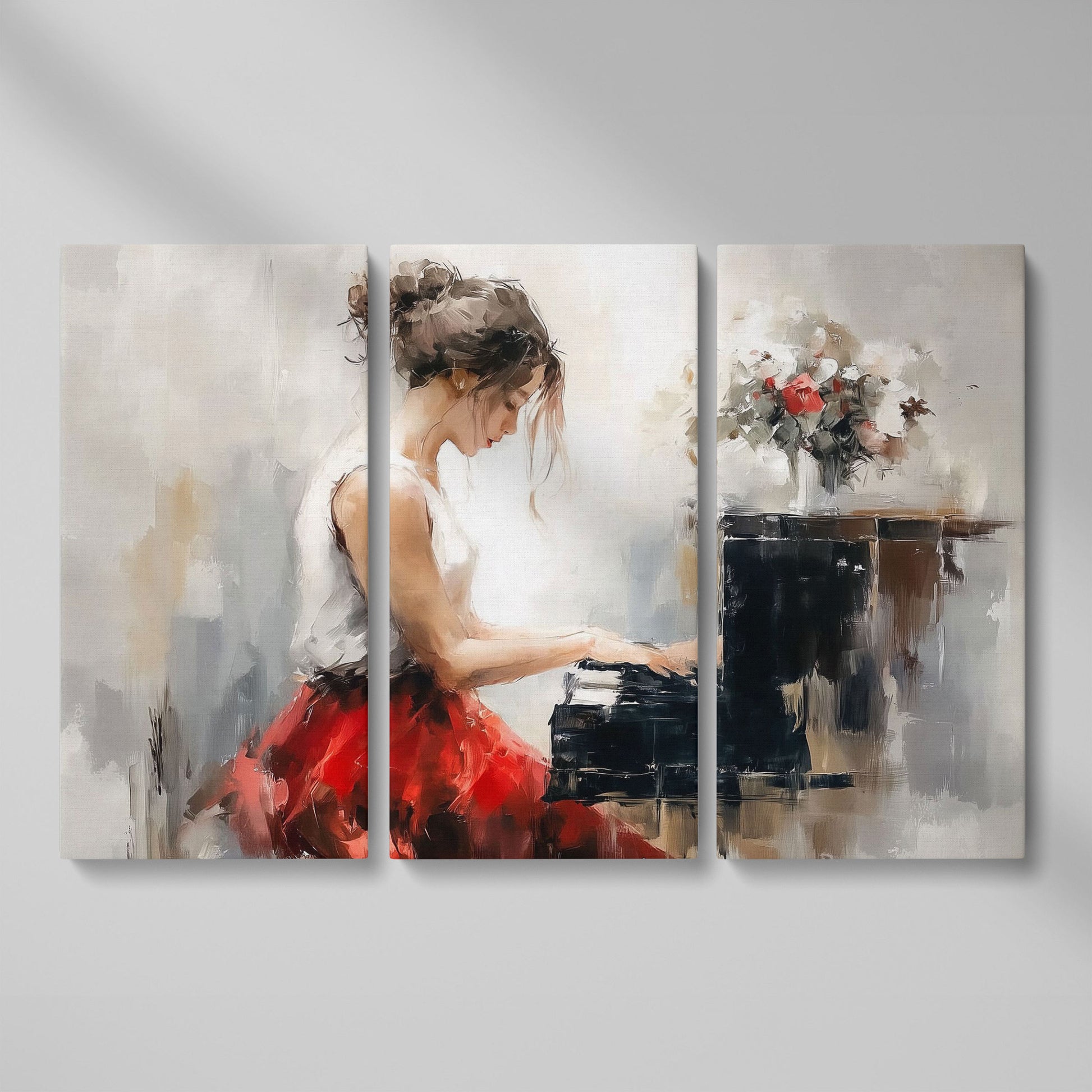 Young Woman at the Piano with Flowers Canvas Wall Art as 3-panel split version