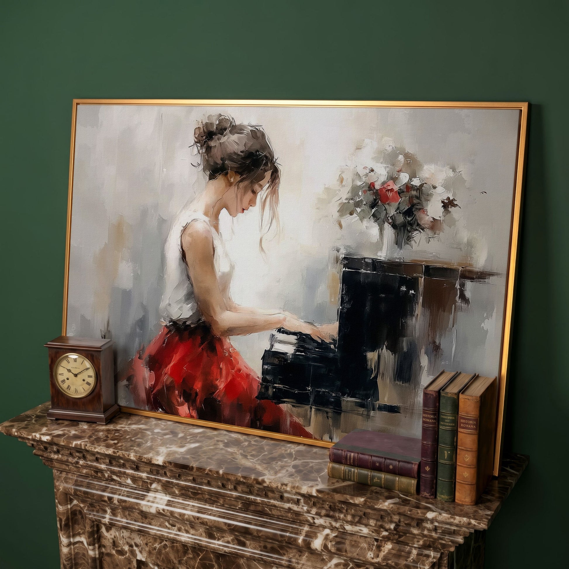 Young Woman at the Piano with Flowers Canvas Wall Art in antique gold floating frame