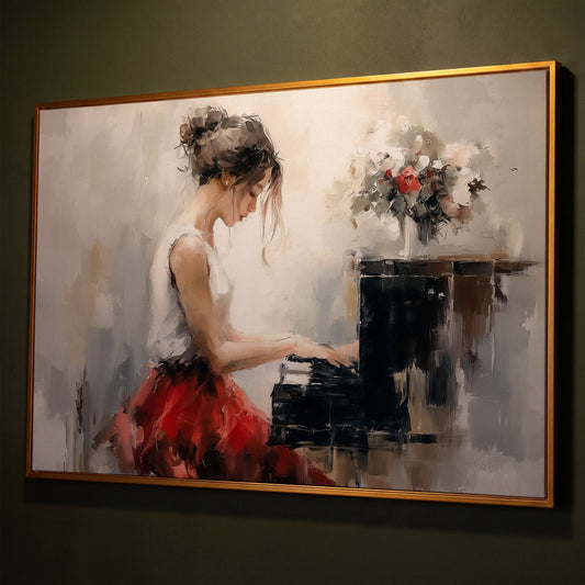 Young Woman at the Piano with Flowers Canvas Wall Art shown in antique gold floating frame