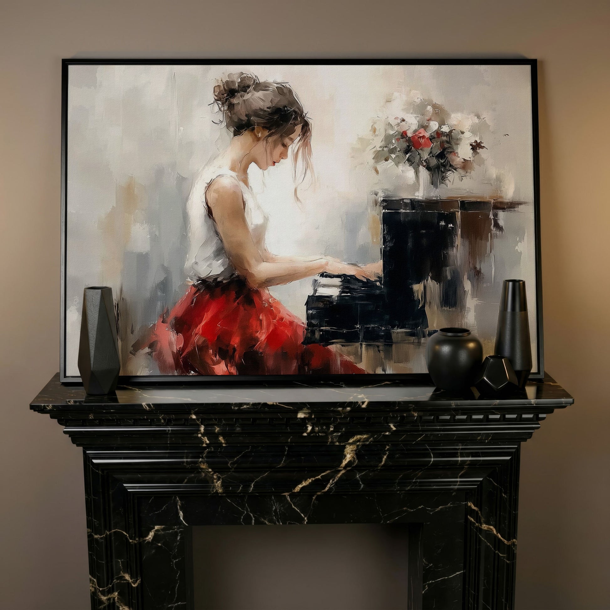 Young Woman at the Piano with Flowers Canvas Wall Art in black floating frame