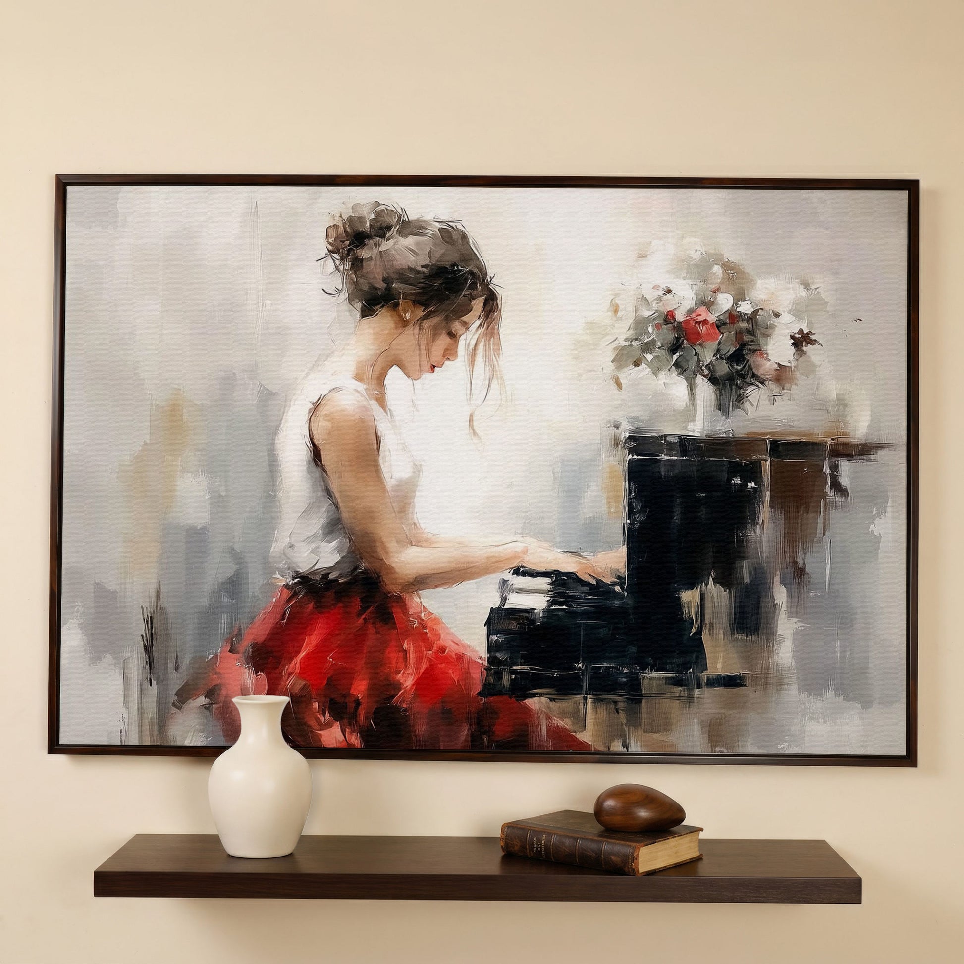 Young Woman at the Piano with Flowers Canvas Wall Art in dark walnut floating frame